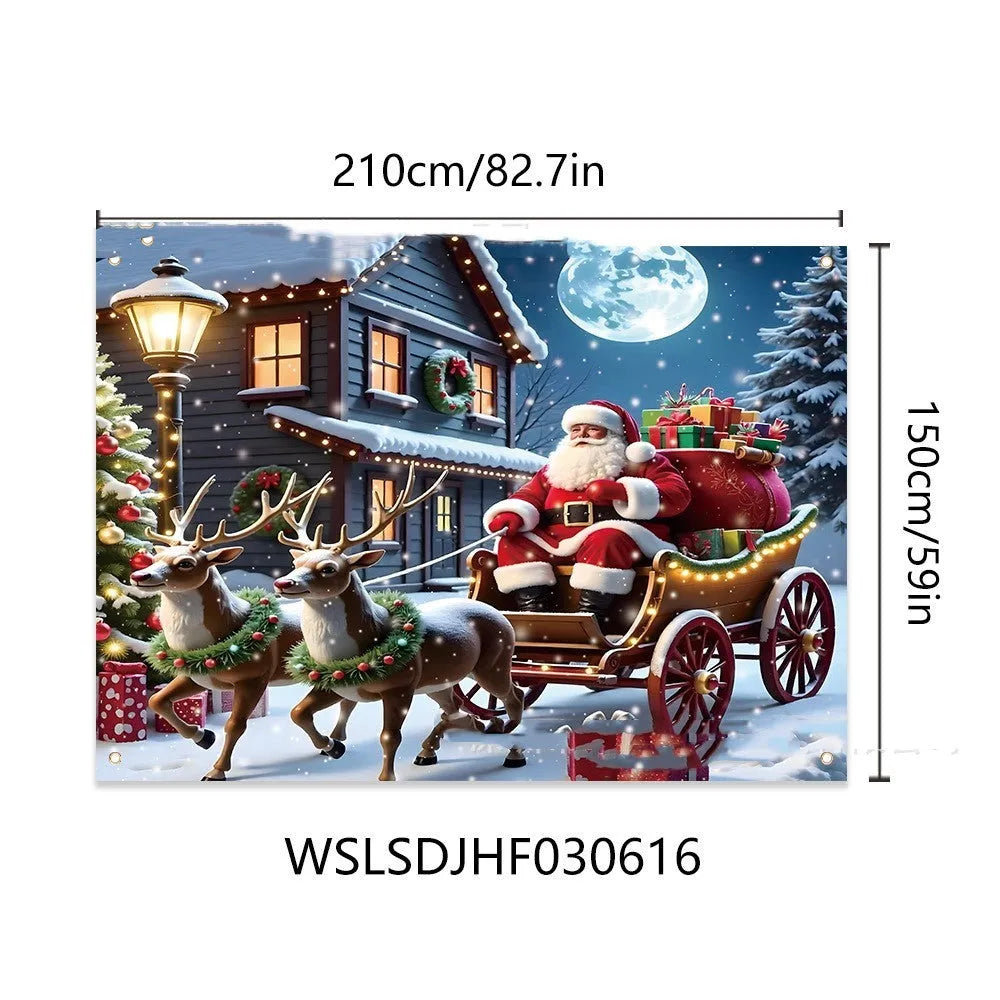 Large rectangular Christmas banner with Santa Claus night scene design, measuring 210cm by 150cm.