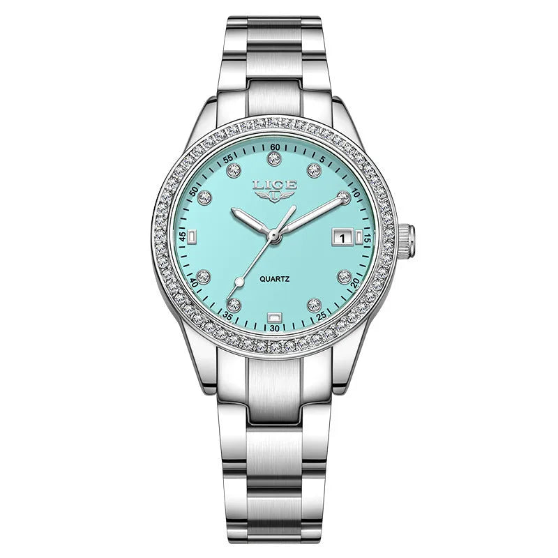 Women's silver fashion watch with diamond bezel, luminous hands and round dial