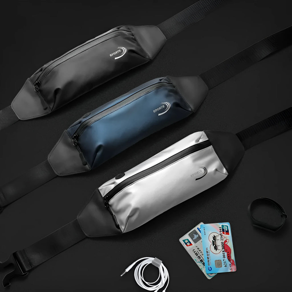 Men's blue waterproof sports waist bag with adjustable strap, 45cm long Oxford polyester construction