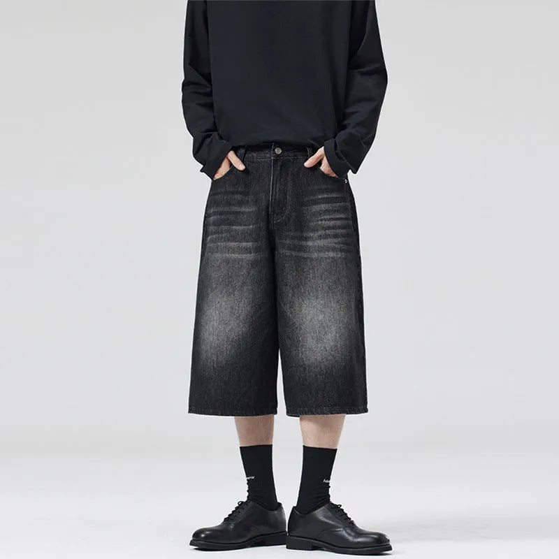 Men's light blue cotton denim loose-fit straight-leg summer shorts on a neutral background