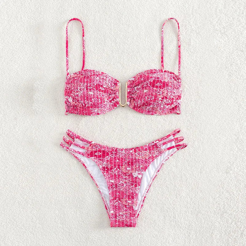 Women's high-waist floral bikini swimsuit in blue, orange, rose red, and pink colour options
