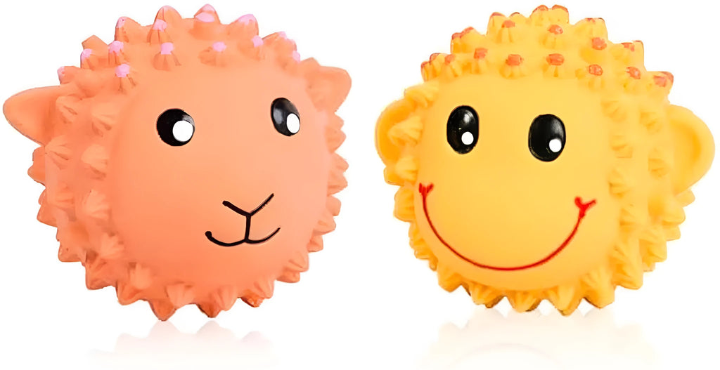 Orange and yellow spiky animal-shaped squeaky dog toys made from natural latex rubber