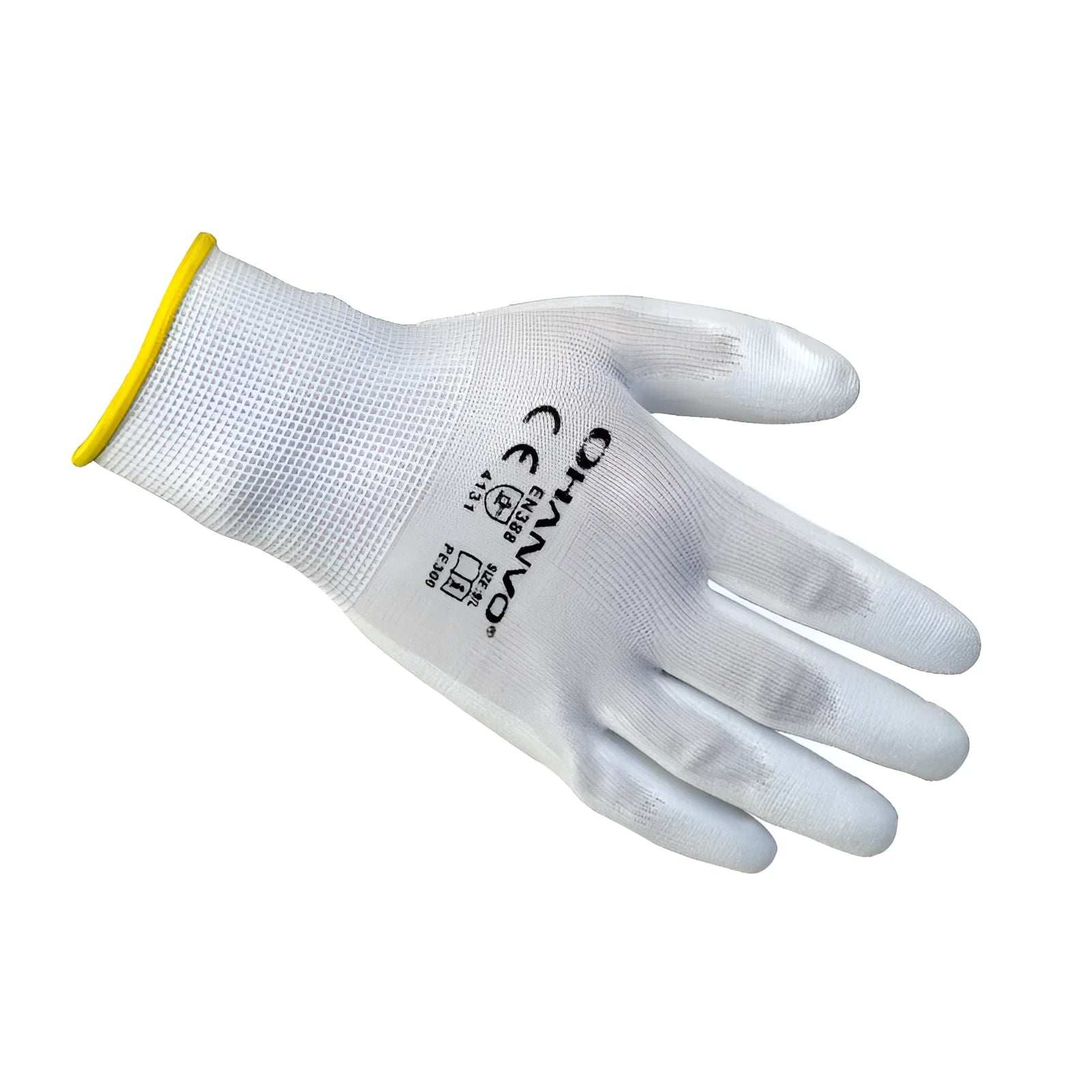 White PU coated cotton work gloves showing palm surface and wrist area