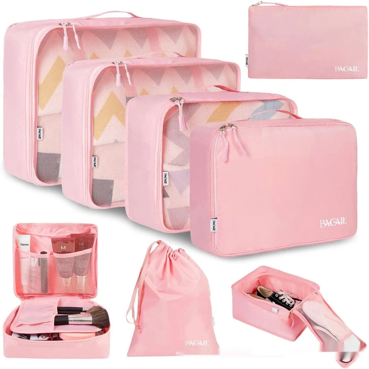Set of eight cubic travel packing bags for underwear organisation in various colours including solid shades and patterns