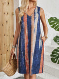 V-neck sleeveless vest dress with colour-block stripes in midi length and mid waist design