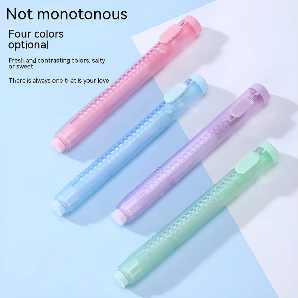 Push type automatic eraser for children in blue, green, pink and purple colours measuring 12x8cm
