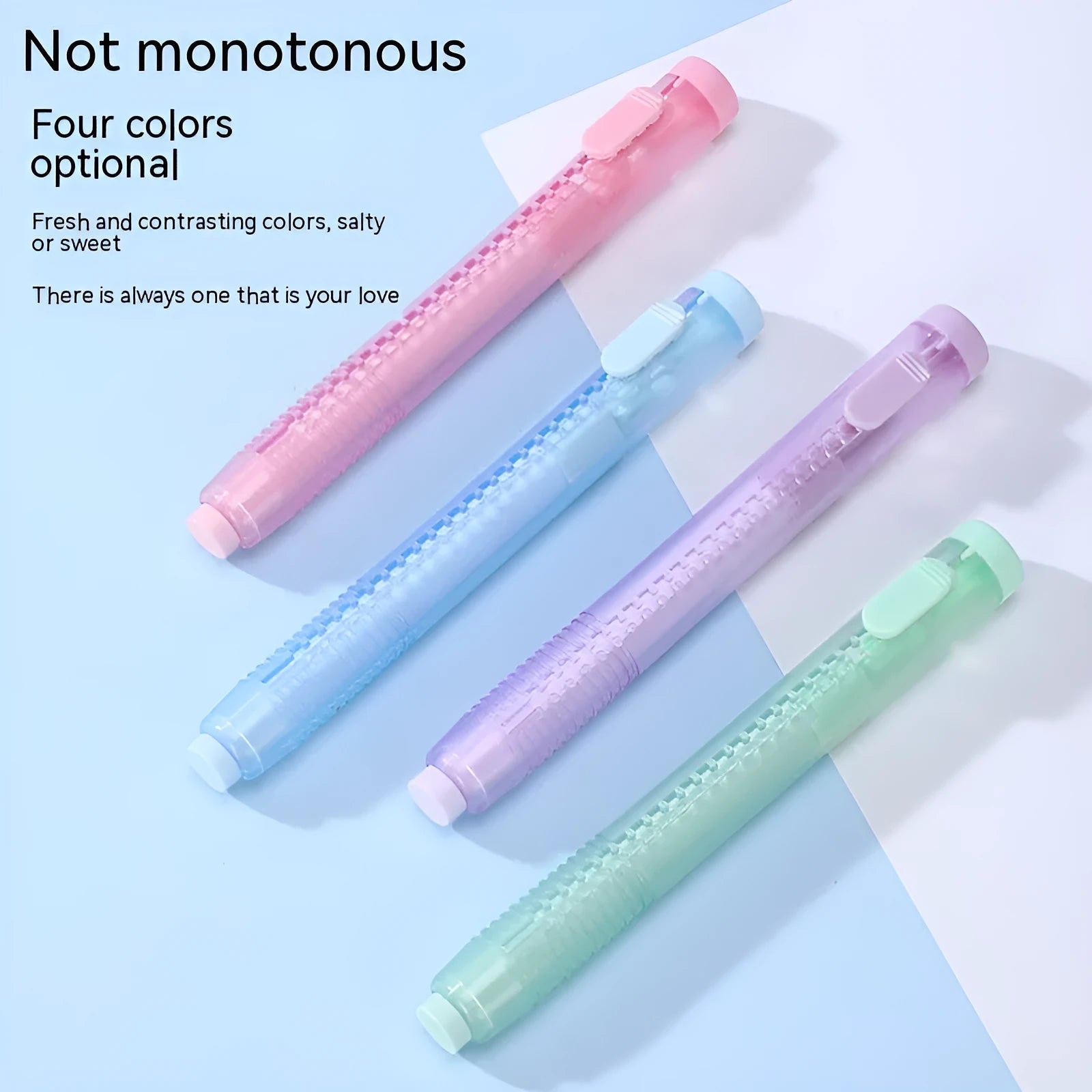 Push type automatic eraser for children in blue, green, pink and purple colours measuring 12x8cm