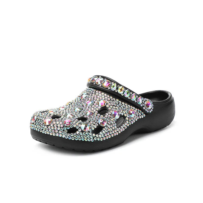 Black women's platform sandals with rhinestone detailing on EVA material