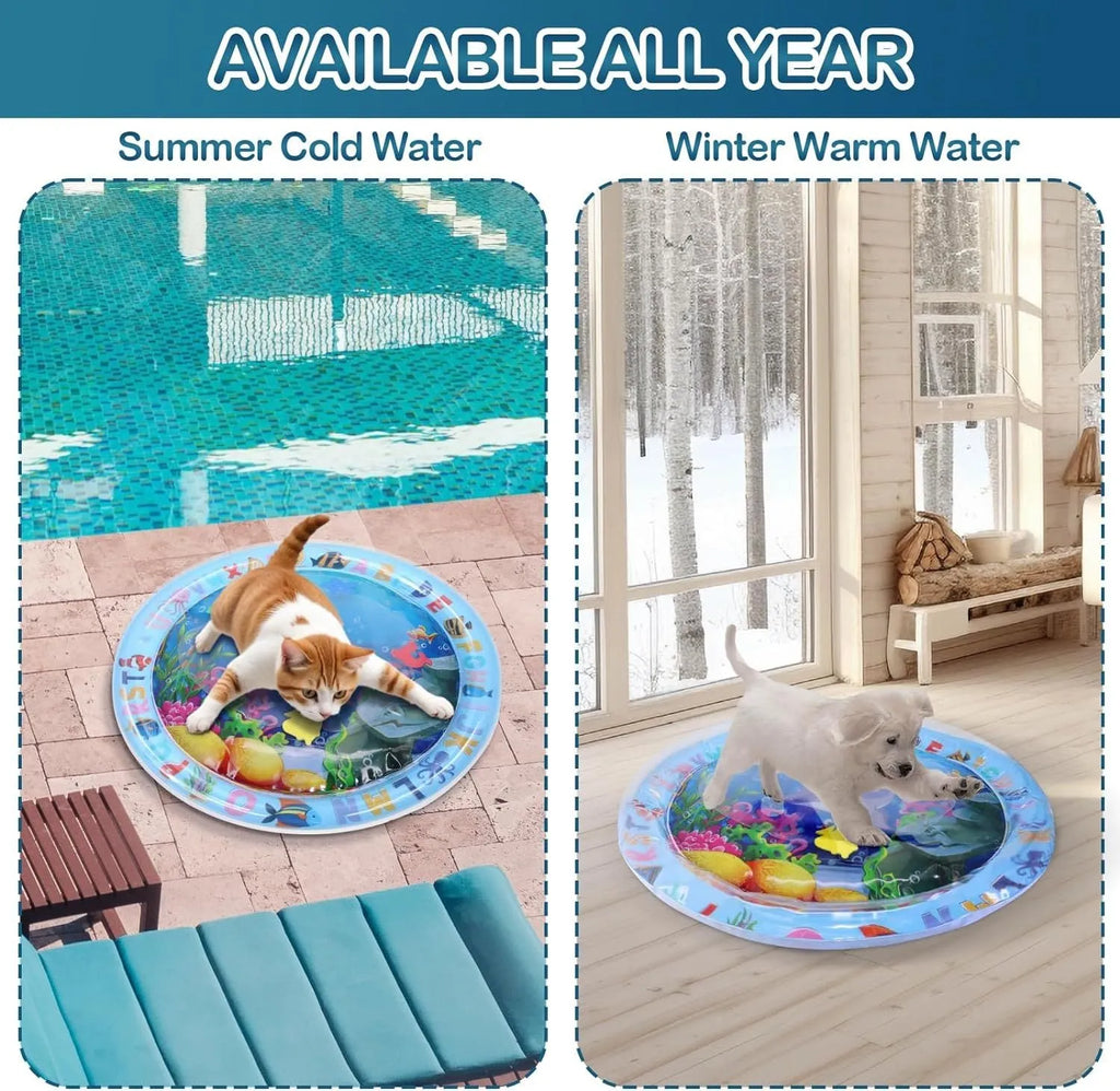 Square blue water sensory playmat for cats on floor, showing ocean fish design and floating toys inside.