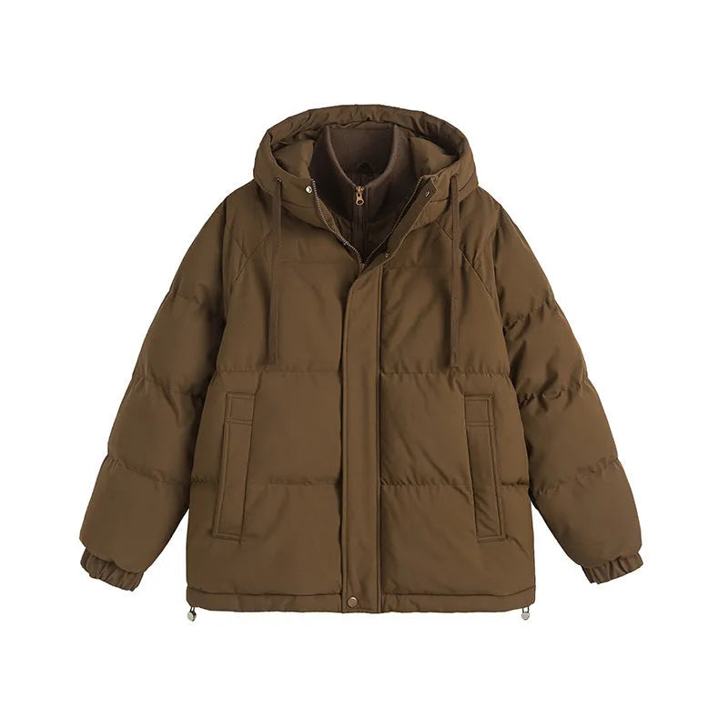 A loose two-piece cotton-padded winter coat in a solid colour with side seam pockets.