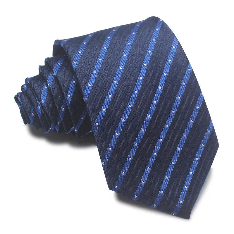 Men's red and black striped polyester jacquard tie with an arrow shape laid flat