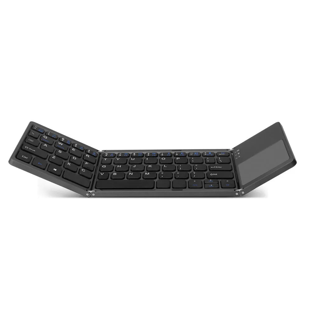 Black tri-fold folding Bluetooth keyboard with touchpad, shown both folded and unfolded.