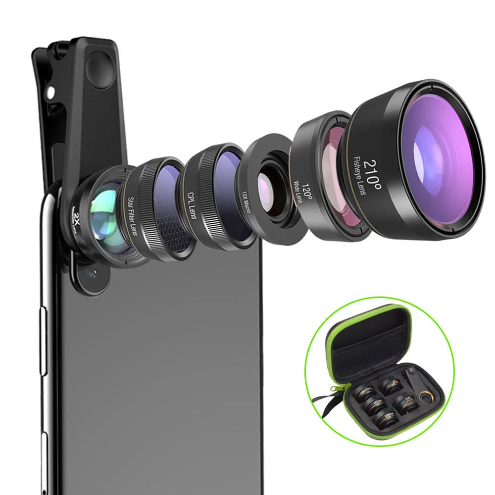 Black 6-in-1 smartphone camera lens kit with fisheye, wide-angle, telephoto, macro, CPL, and star filters on a universal clip.