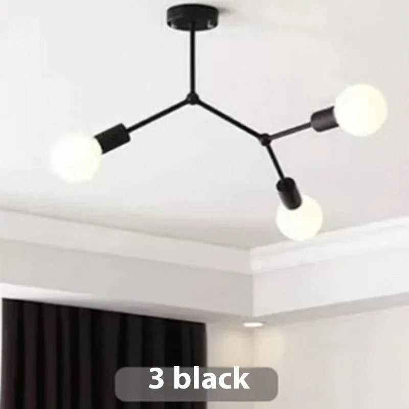 Iron Nordic style chandelier ceiling lamp with multiple light heads in black or white finish