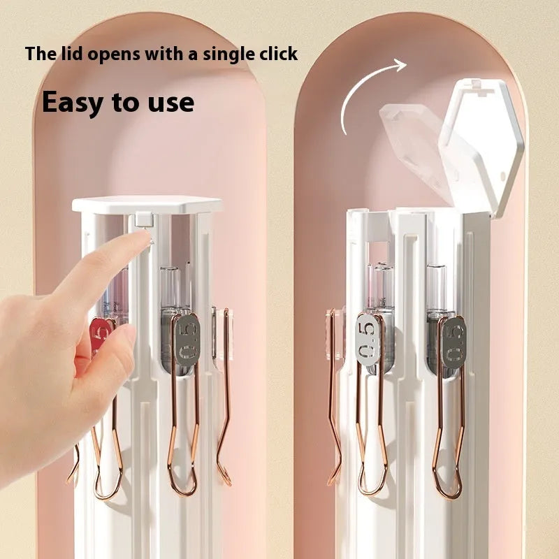 Plastic six pens pencil case in three colour options showing portable pen storage design