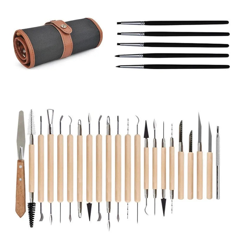 27-piece pottery clay tool set with stainless steel, wood, and plastic tools in a roll-up package