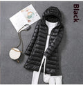 Women's mid-length lightweight down jacket in black, slim fit nylon design