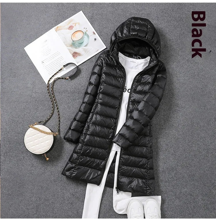 Women's mid-length lightweight down jacket in black, slim fit nylon design