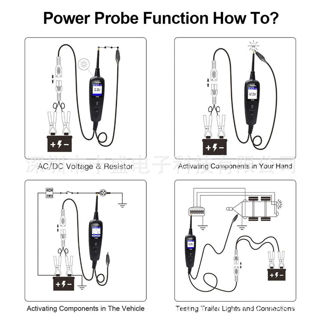 P100 black automotive circuit battery tester with OBD connector for 12V car fault diagnosis