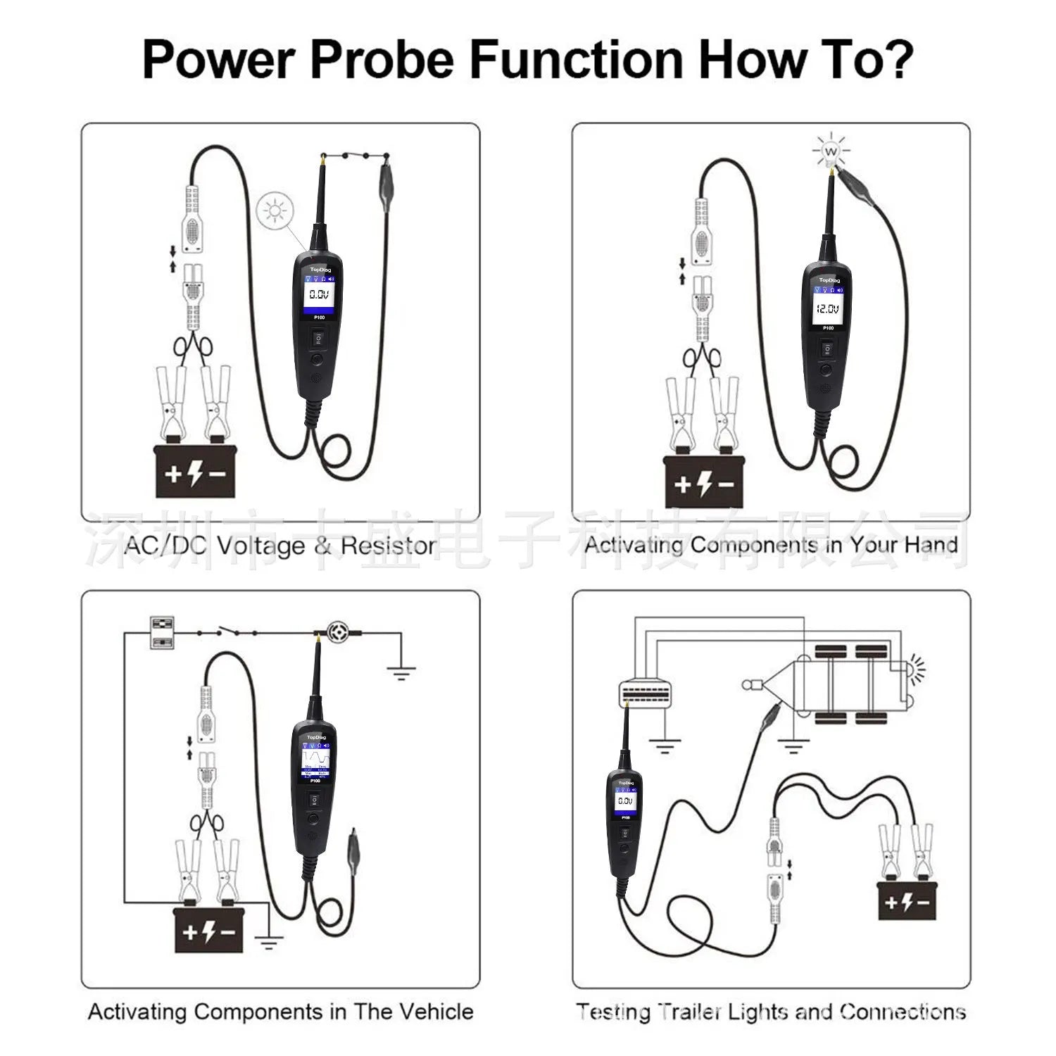P100 black automotive circuit battery tester with OBD connector for 12V car fault diagnosis