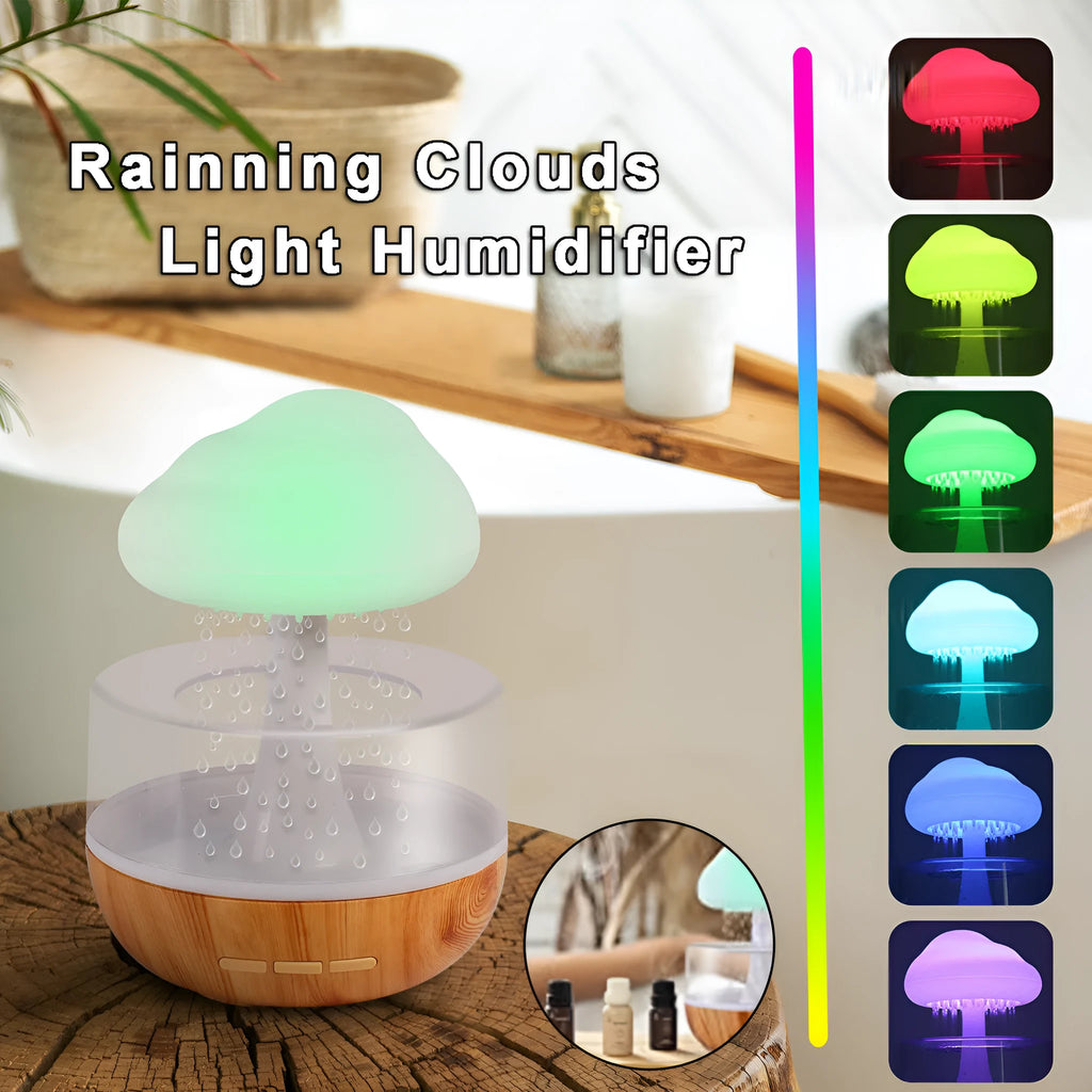 White cloud-shaped humidifier with LED lights and water vapour emission