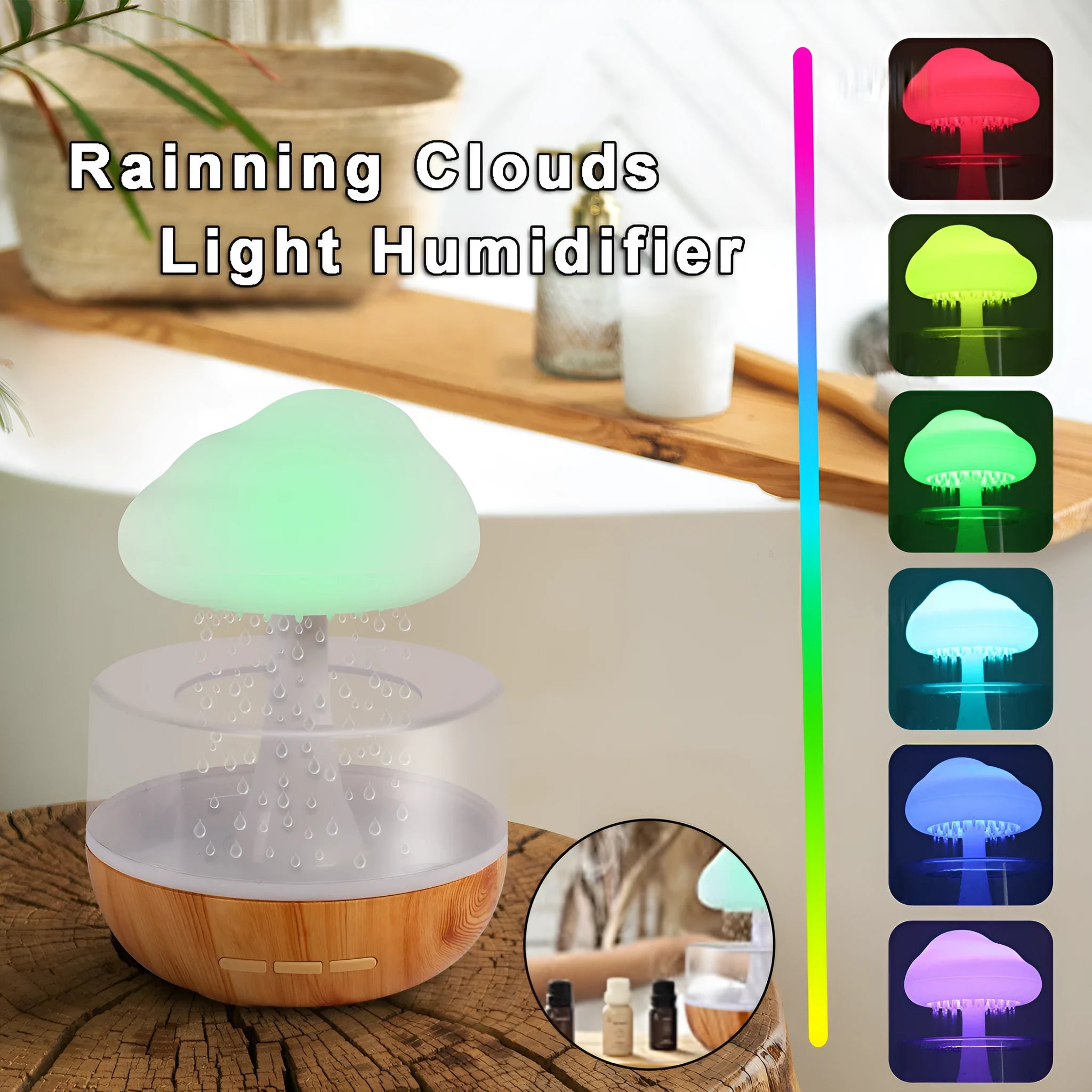 White cloud-shaped humidifier with LED lights and water vapour emission
