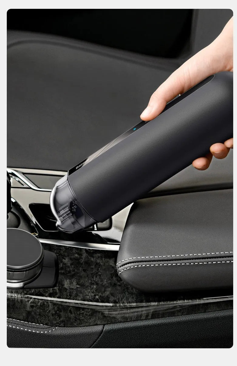 BASEUS wireless handheld car vacuum cleaner in black, white, or green with suction and blowing hose.