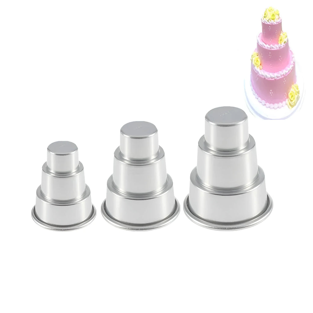 Silver aluminium alloy cake mould set with three graduated sizes for layered baking