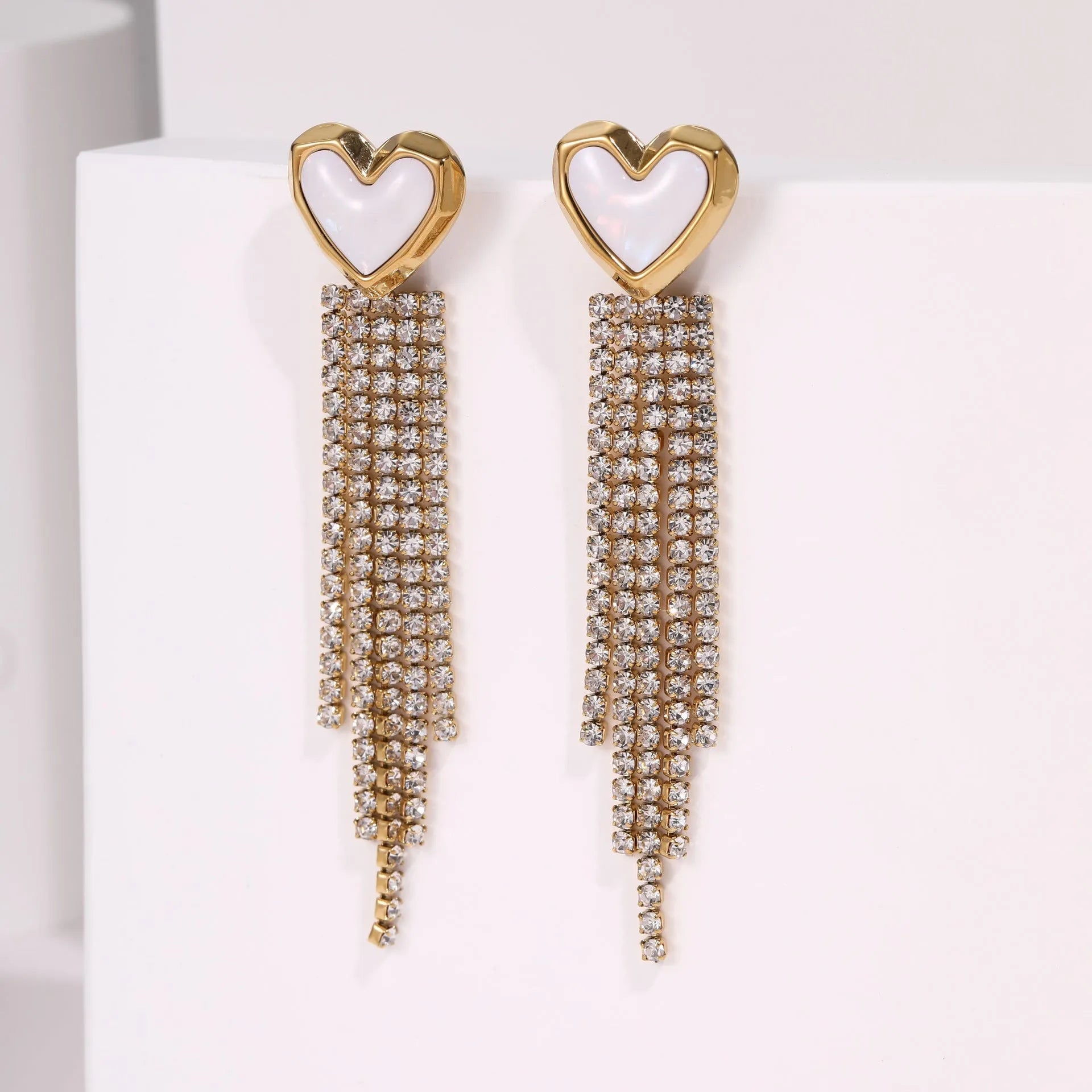 Stainless steel earrings with love heart and star geometric designs featuring diamond tassel drops and 18K electroplated finish