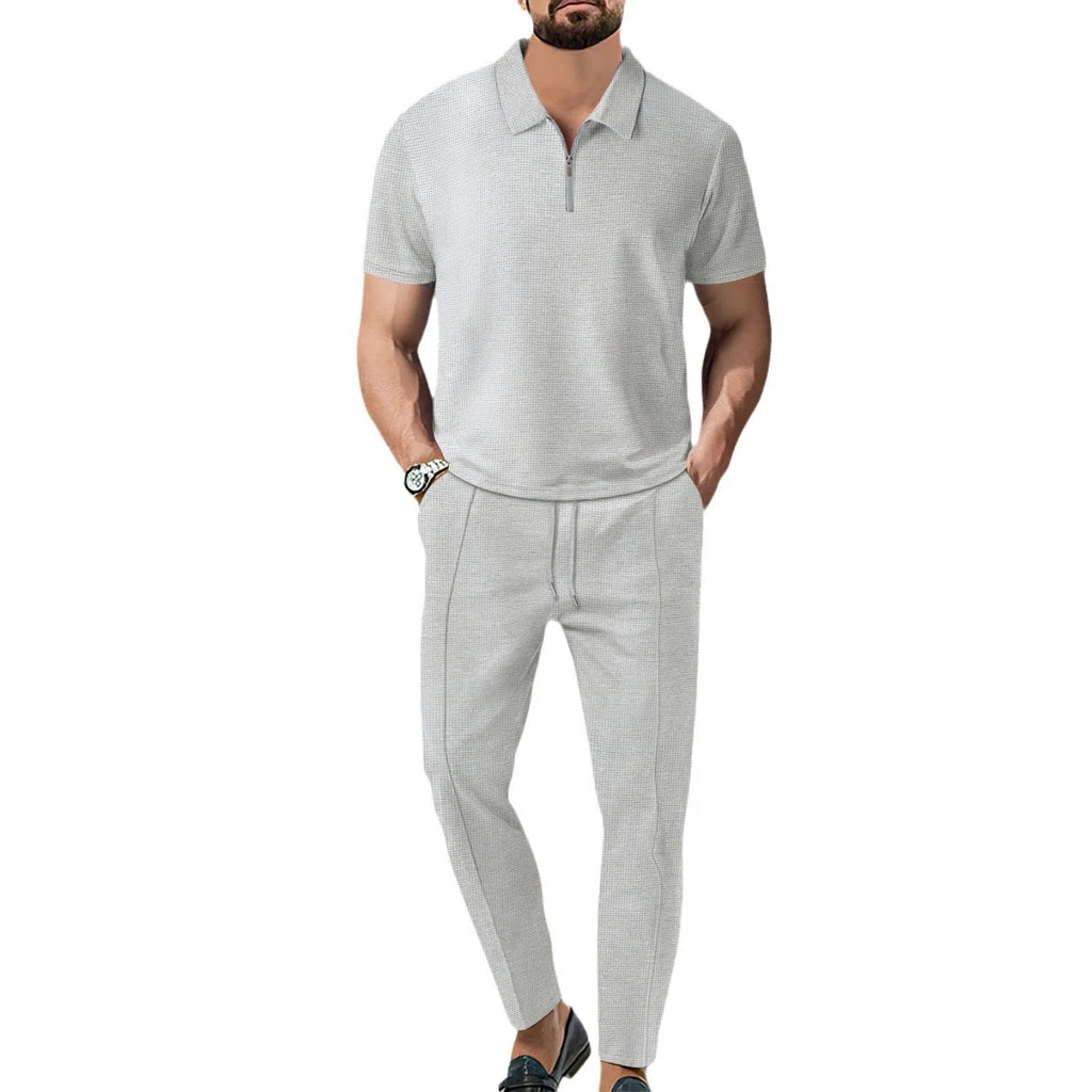 Men's waffle lapel short sleeve suit set in Khaki with matching trousers