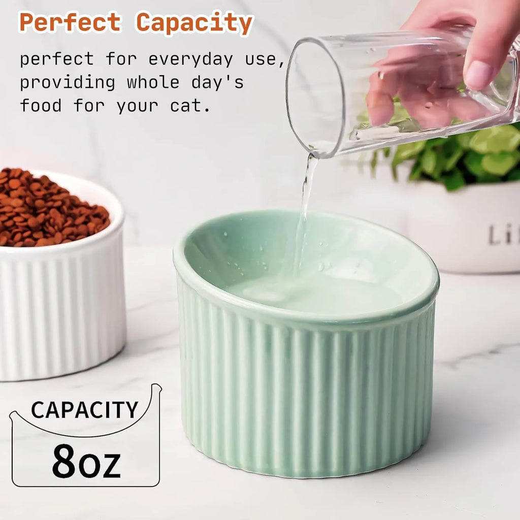 Dark green ceramic elevated cat bowl with tilted, round design for food or water.