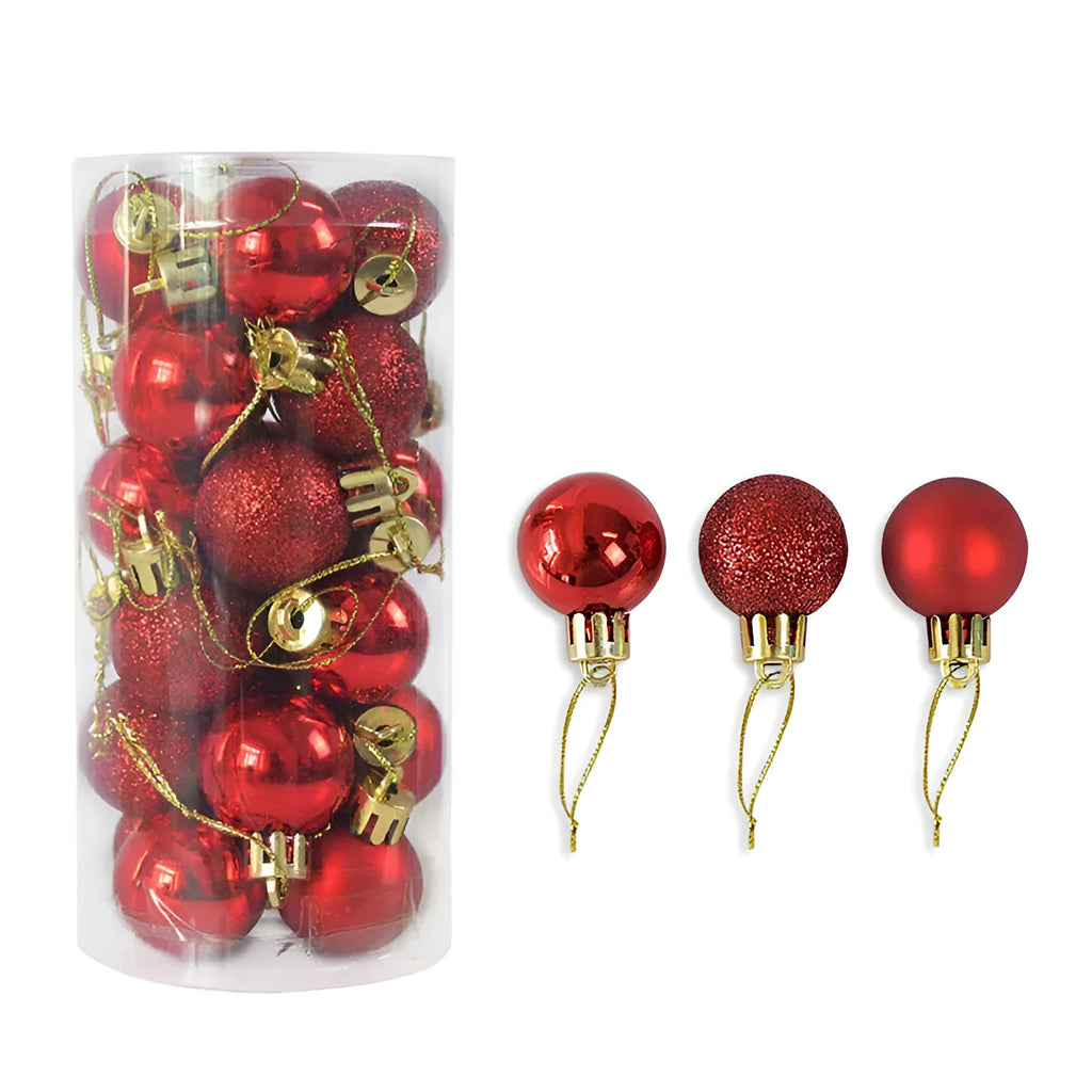 Assorted 3cm diameter electroplated plastic Christmas balls stored in a tall plastic barrel
