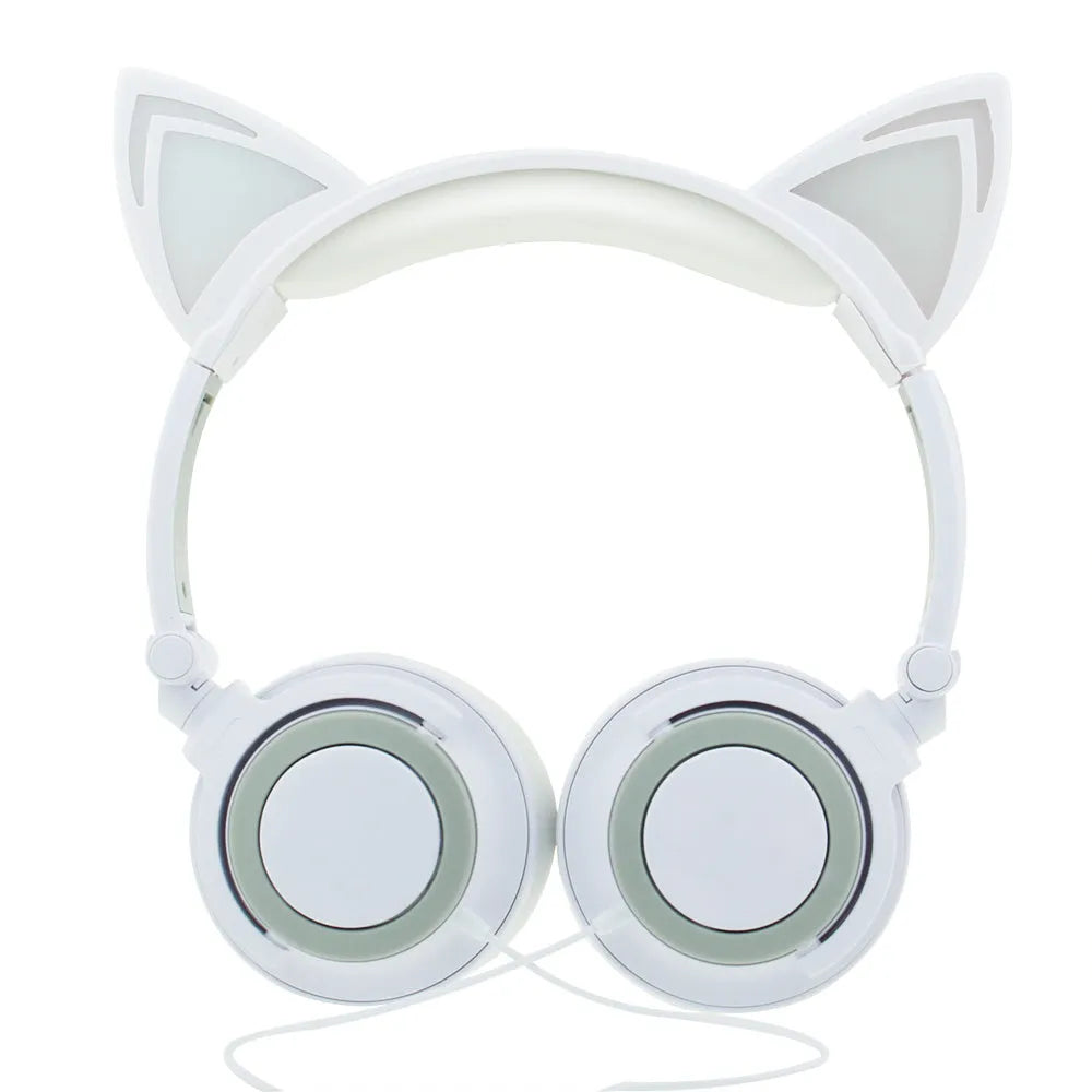 Colourful LED cat ear headphones with glowing ears and cushions, showing 3.5mm plug.