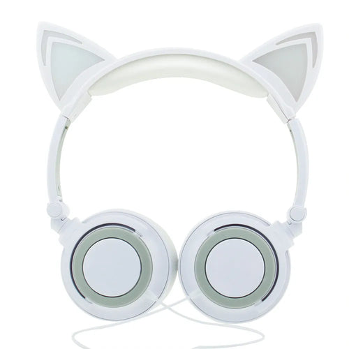 Colourful LED cat ear headphones with glowing ears and cushions, showing 3.5mm plug.