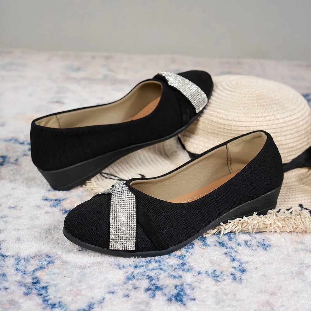 Black women's casual slip-on shoes with rhinestone decoration on fabric upper and chunky heels