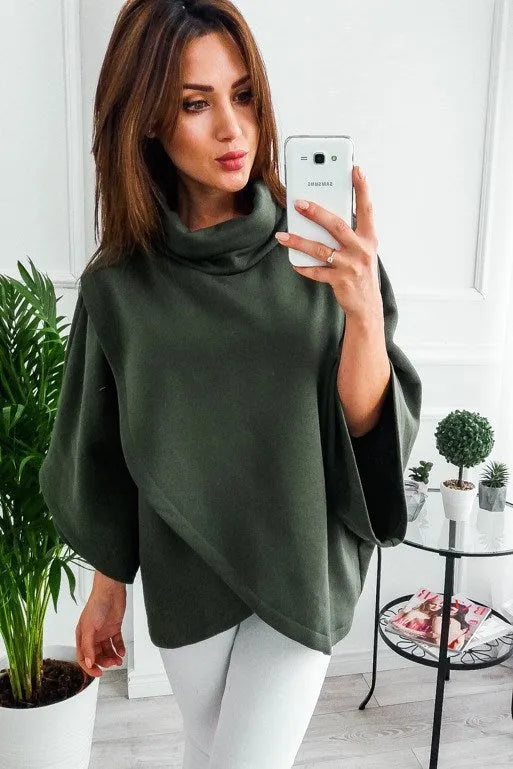 Women's long black cardigan sweatshirt with batwing sleeves and stitching detail, shown as a faux two-piece.