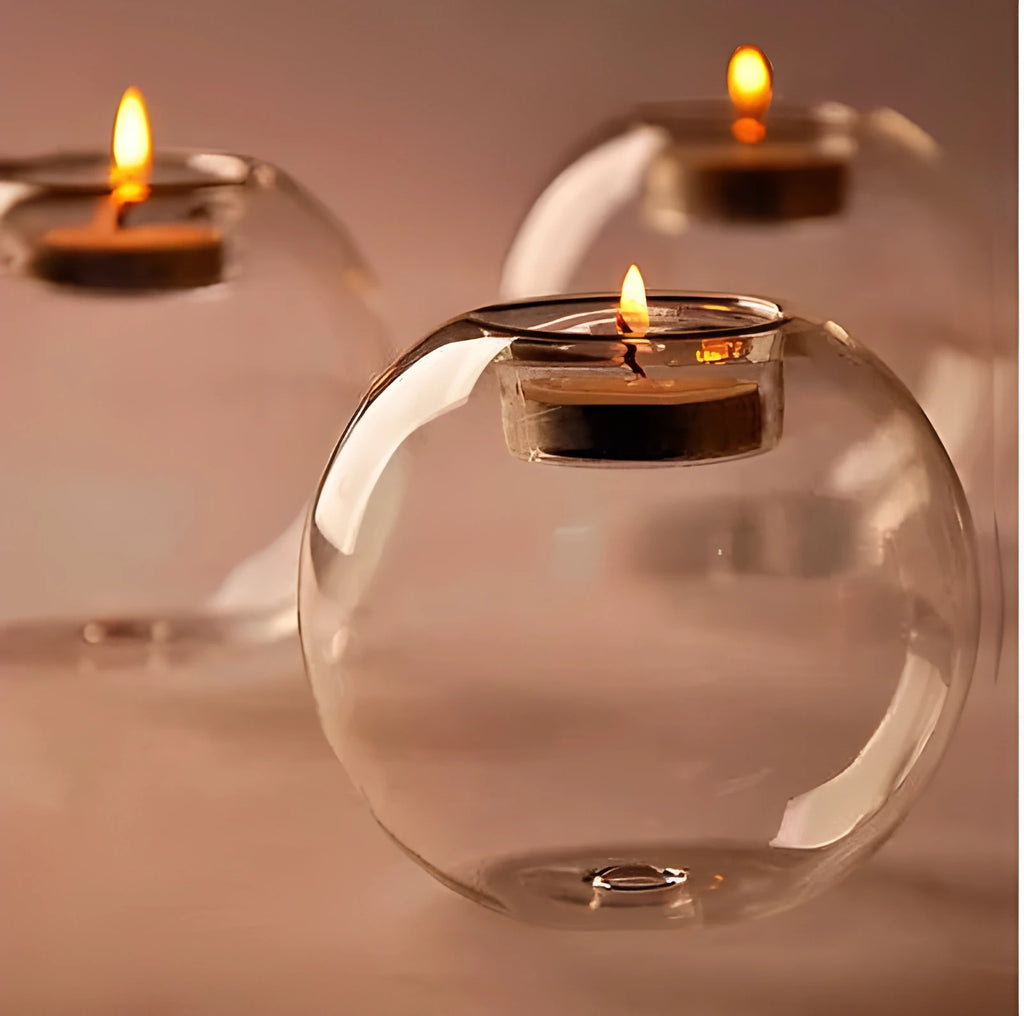 Handmade Europe style round hollow glass candle holder with spherical design