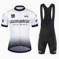 Unisex short sleeve cycling suit in row pattern design, made from quick-dry polyester fabric.