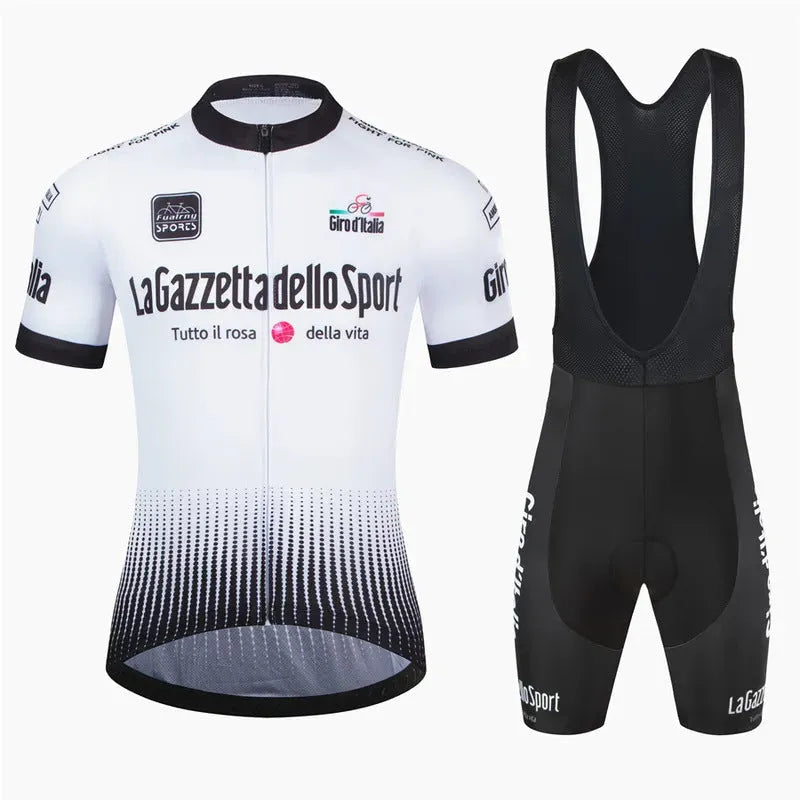 Unisex short sleeve cycling suit in row pattern design, made from quick-dry polyester fabric.