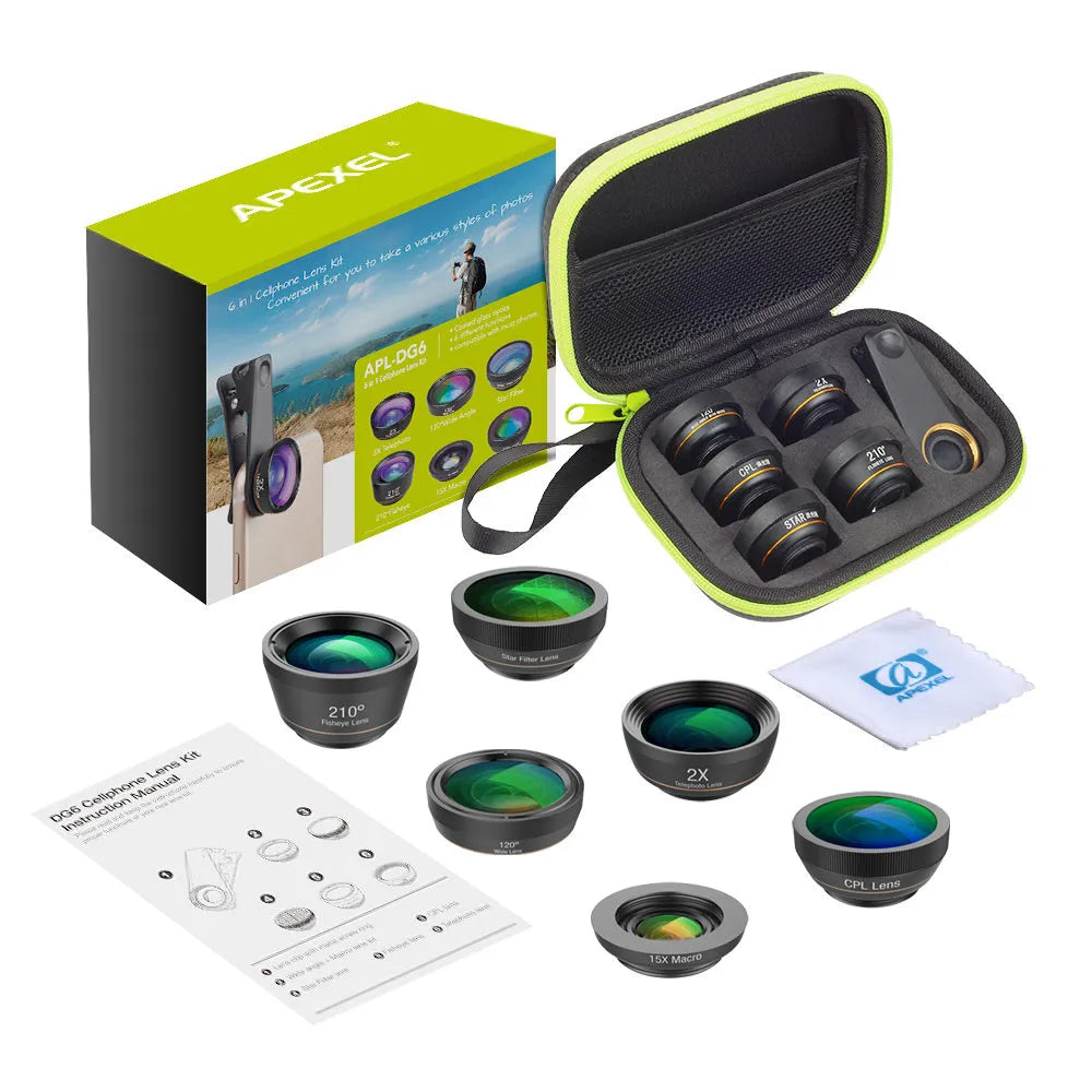 Black 6-in-1 smartphone camera lens kit with fisheye, wide-angle, telephoto, macro, CPL, and star filters on a universal clip.