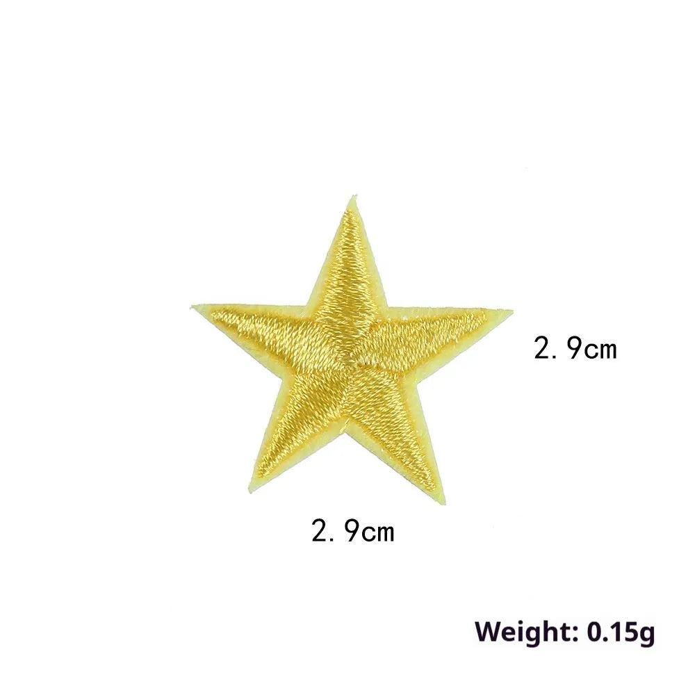 Colourful embroidered five-pointed star designs on cloth sticker labels for DIY clothing customisation.