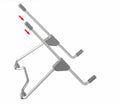 Grey aluminium alloy and plastic adjustable stand holding a mobile phone and a laptop.