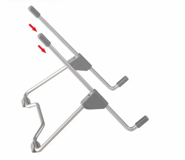 Grey aluminium alloy and plastic adjustable stand holding a mobile phone and a laptop.