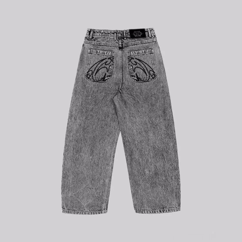 Grey loose fit straight leg denim trousers for men and women laid flat