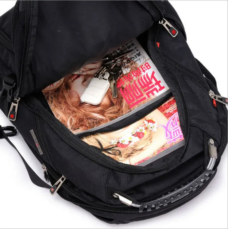 Black business computer backpack with three compartments showing laptop storage and organisational pockets