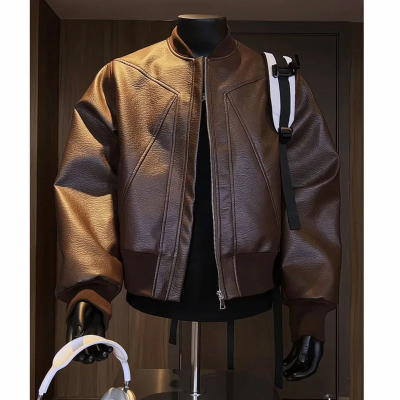 Men's black PU leather jacket with litchi texture and extended 100cm length
