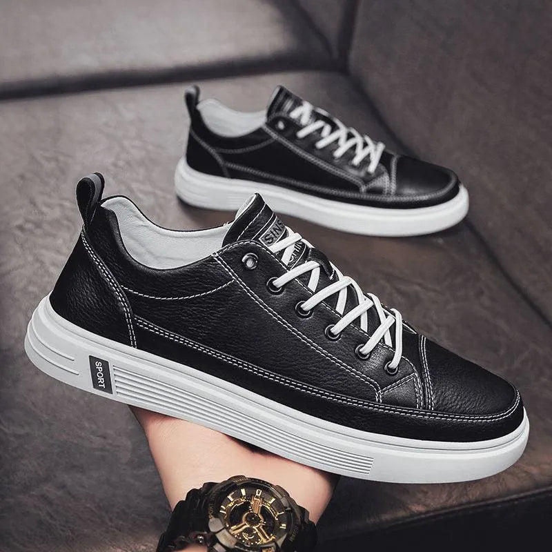 Men's casual white summer shoes with round toe and flat sole in Korean style.