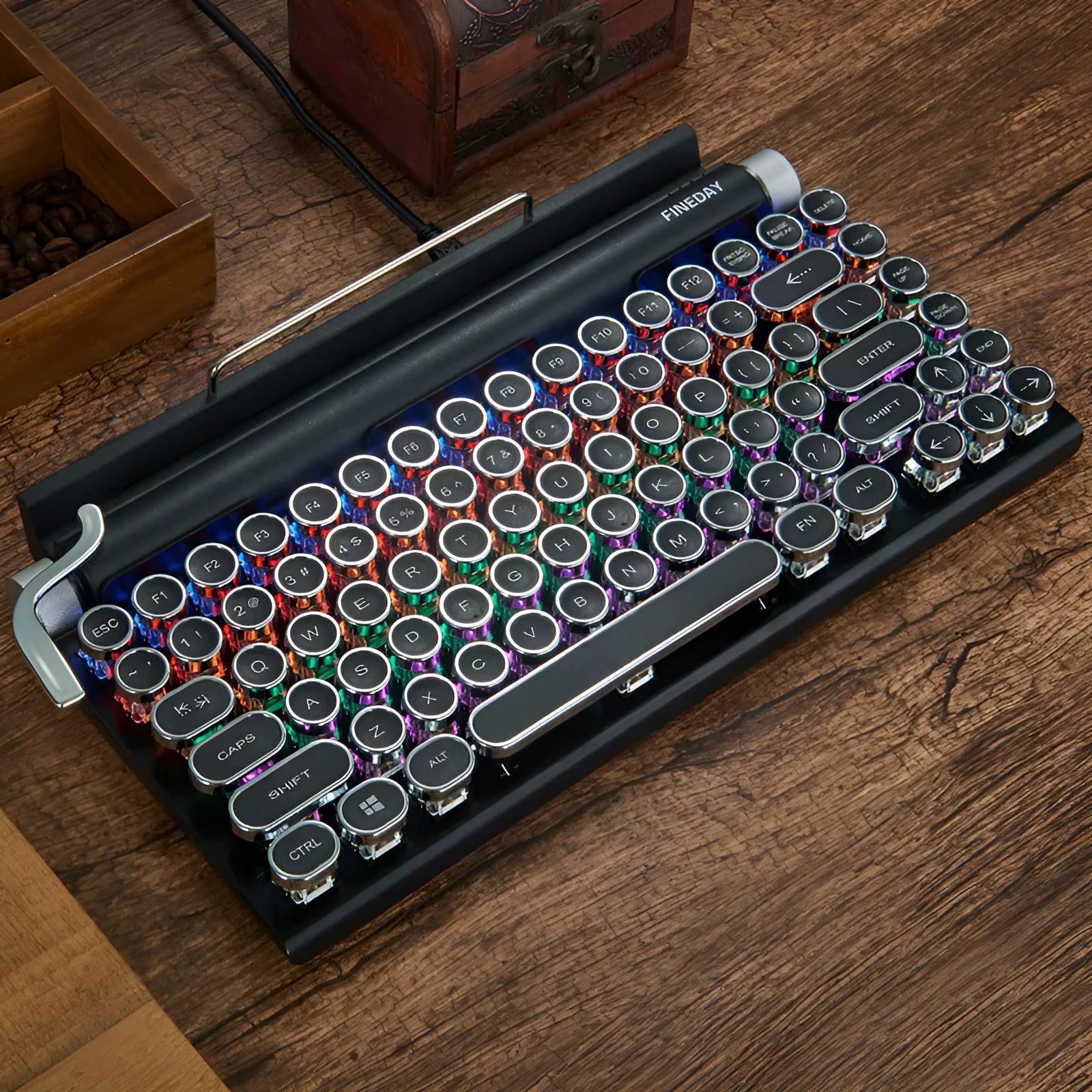 Black Dot Retro mechanical keyboard with colourful backlit keys on a desk.