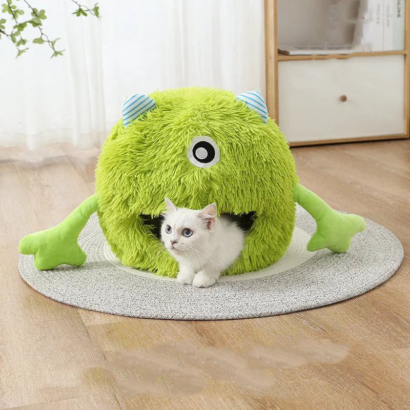 Round fluffy pet bed for cats with soft plush fabric and non-slip rubber bottom in three size options