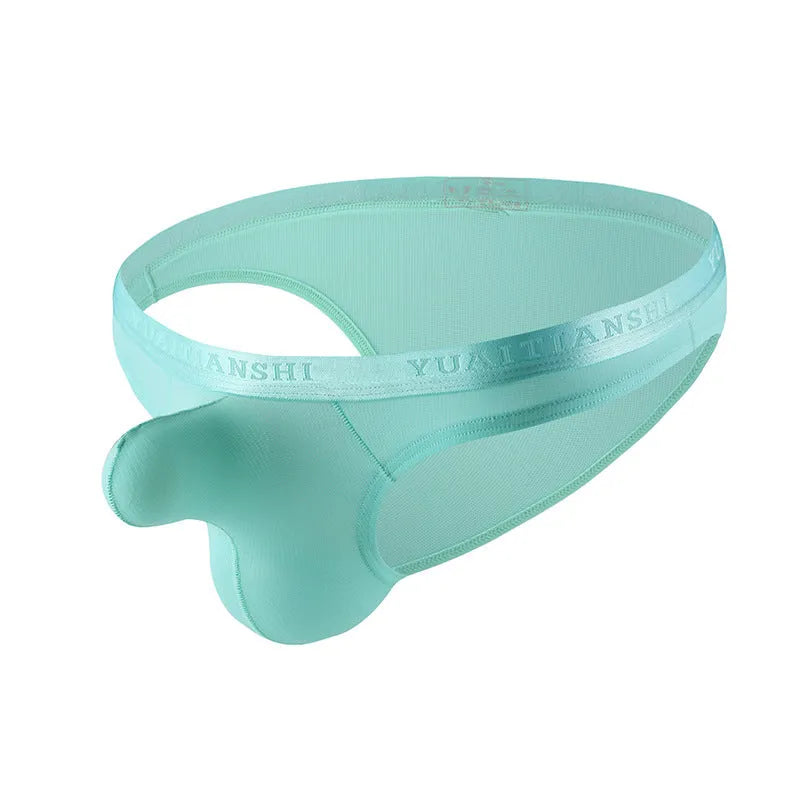 Men's thin solid colour low waist underwear in nylon, shown in deep sky blue.